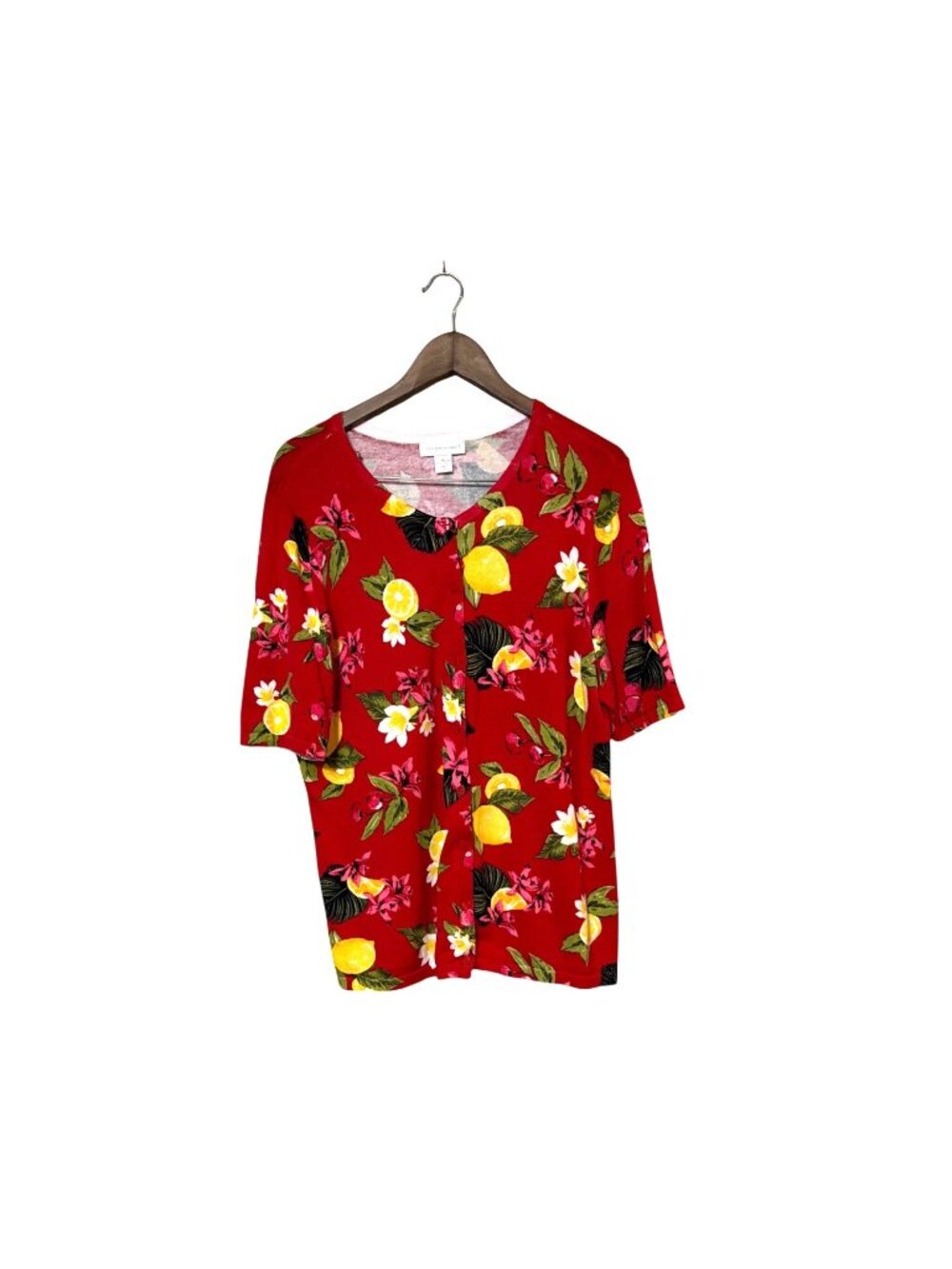 Christopher & Banks Red Floral & Lemon Print Short sleeve sweater Womens Size XL